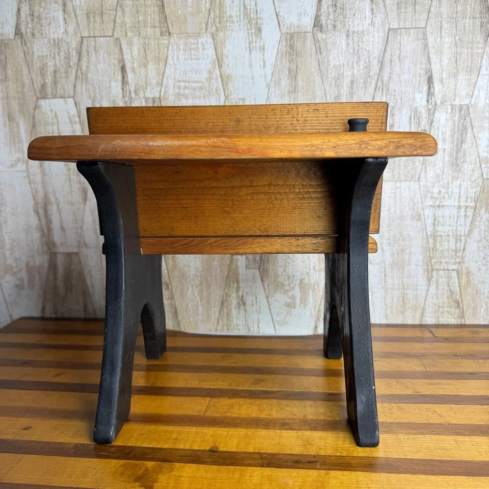 Vintage Miniature Wooden School Desk Inkwell Slot Doll Display Brown Black Wood